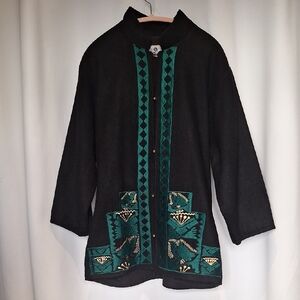 The Daily Planet Black and Green Bird And Flower Embroidered Jacket Size M